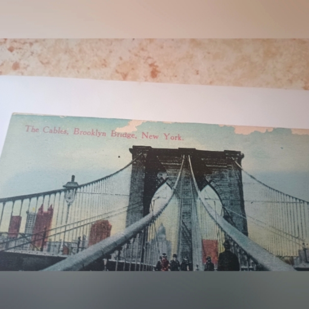 1900s postcard Brooklyn bridge New York City cables people walking